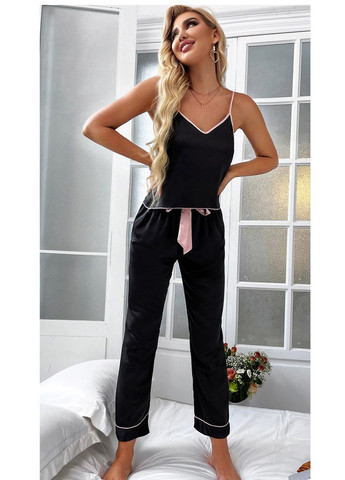 Черная всесезон стильная пижама из атласа с маской – черная майка + брюки Langsha