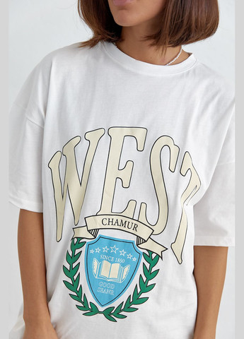 Молочная летняя хлопковая футболка оверсайз с надписью west 24224 с коротким рукавом Lurex