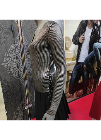 Серый демисезонный джемпер женский рубчик декольте завязки вырез 42/44 серо-черный No Brand