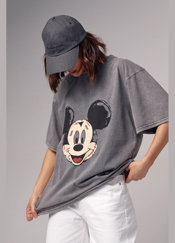 Светло-серая летняя женская футболка oversize с принтом mickey mouse 13245 с коротким рукавом Lurex