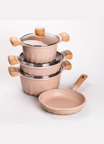 Набор посуды, 3 кастрюли, сковорода, алюминиевая толстодонная с лопаткой и половником, бежевый HP-4-401CR MGC (306849248)