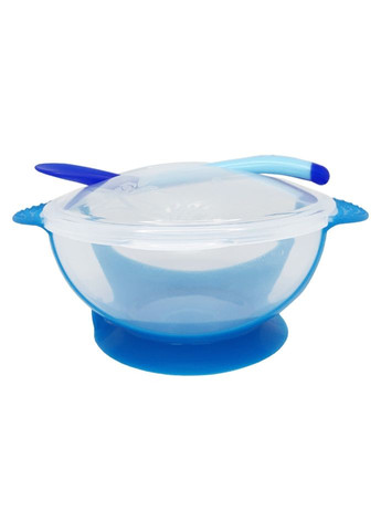 Тарелка на присоске с термоложкой и крышкой для детей 6 месяцев глубокая голубая контейнер для еды Megazayka (368755979)