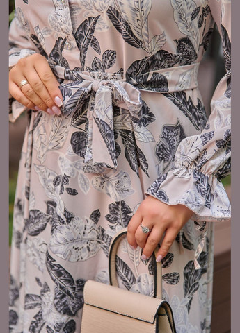 Пудрова кежуал сукня 8636/1 у пудровий кольорі з супер-м'якою тканиною (принт) та поясом: стильна, комфортна та універсальна 56 Sofia