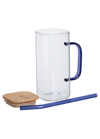 Чашка стеклянная 400 мл с бамбуковой крышкой и синей трубочкой HP-19-146BL Yiwu (370974858)