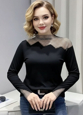 Чёрная гольф блузка с вставкой сетки с стразами стрейчевый G&N