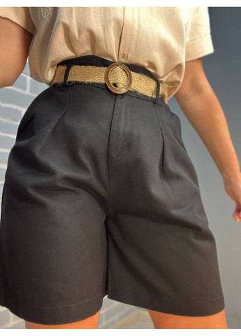 Шорти котонові 4022 бермуди висока посадка на резинці пасок з льону чорні MIX RAY (315446691)