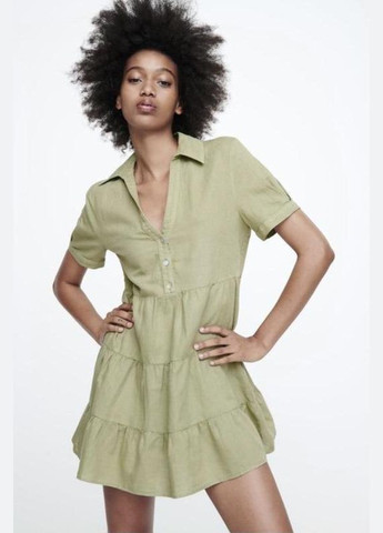 Оливковое (хаки) повседневный, кэжуал платье женское льняное 2648/202/250 m хаки с баской, а-силуэт Zara