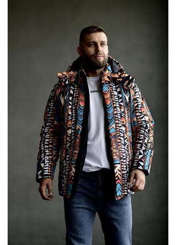 Комбинированная демисезонная куртка зимняя со съемным капюшоном мужская стильная с принтом No Brand