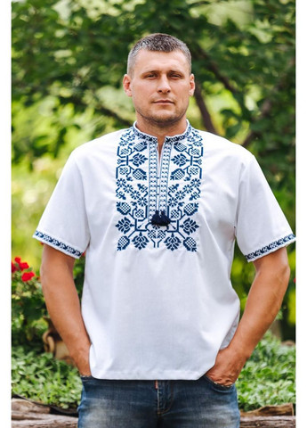 Белая белая мужская вышиванка с темно-синим геометрическим орнаментом короткий рукав m–5xl, m лен (299924791)