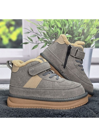 Серые повседневные зимние ботинки угги детские для девочки серые замшевые на овчине Bessky