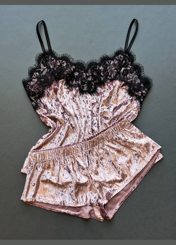 Пудрова всесезон велюрова піжама з мереживом,майка та шорти Exclusive