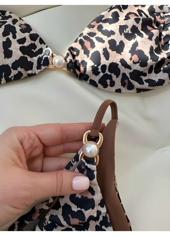 Коричневый летний женский летний раздельный откровенный леопардовый купальник на сексуальных завязках. No Brand