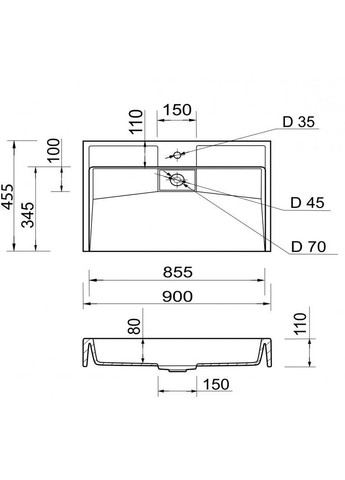 Умывальник 900х455мм, с отверстием для смесителя/перелива, прямоугольный VISION Белый (35710900455) Adamant (373006155)