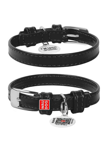 Ошейник для собак кожаный Glamour с QR паспортом, без украшений,, Ш 12 мм, Длин 21-29 см черный WAUDOG (322002366)
