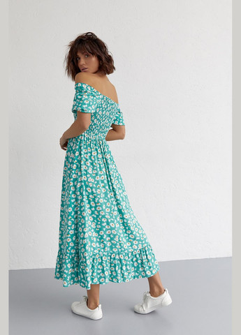 Смарагдова повсякденний, вечірня жіноча довга сукня з еластичною талією та шлярою з відкритою спиною Liton з квітковим принтом