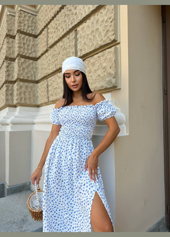 Білий жіноча сукня довга з розпіркою на нозі та пишною спідницею біла з синіми квітками You Best