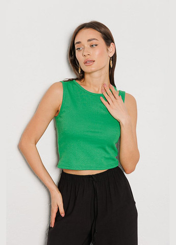 Трикотажний кроп-топ без рукавів зелений із вирізом на плечі Arjen — 294907324