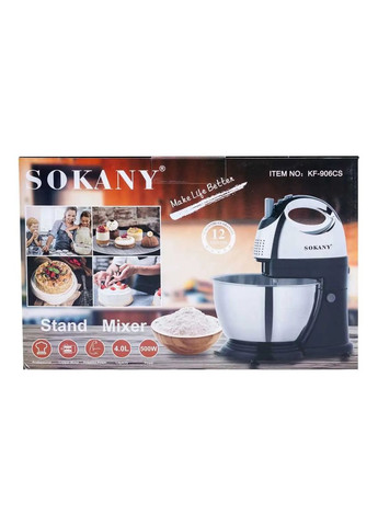 Стационарный миксер тестомес KF-906CS с металлической чашей 4л 500Вт Черный с серым Sokany (316037774)