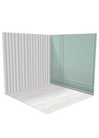 Угловой виниловый фотофон 3D, белая рейка и мятная панель, пол выбеленное дерево и оникс, 50×50 см, №58396 PhotoVinyl (354364975)