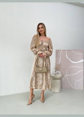 Бежевое повседневный женское платье с шолка с открытыми плечами, с корсетом Україна с цветочным принтом