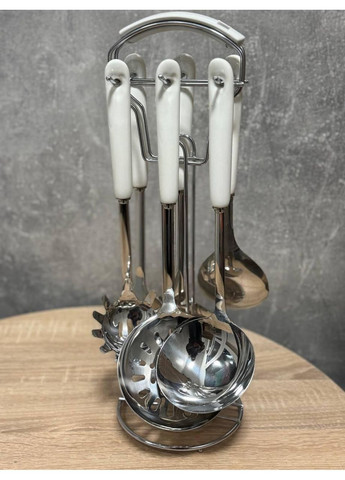 Набор кухонных принадлежностей на подставке 7 предметов керамическая ручка кухонные аксессуары Белый с серебристым No Brand (371373163)