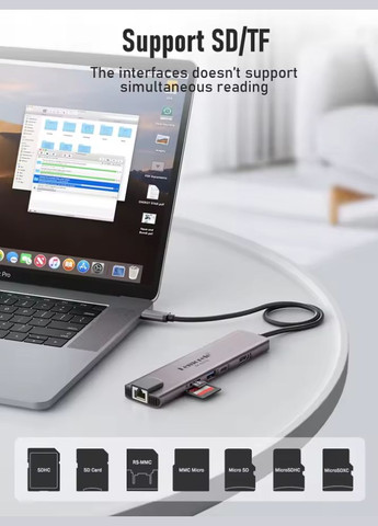 USBхаб 10 в 1 Lemorele TC46 концентратор (Type-C to USB-C, 2хUSB 3.0, 2хUSB 2.0, HDMI, RJ45, SD, PD) No Brand (316132021)