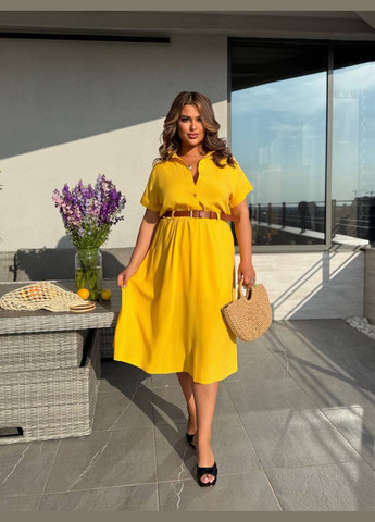 Желтое повседневный женское платье-рубашка длины меди с поясом рубашка MonCher