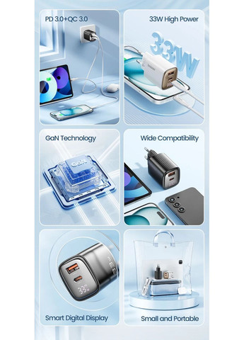 Сетевое зарядное устройство 33W GAN USB Type-C + USB-A с LED дисплеем, быстрая зарядка PD/QC 3.0, черный Toocki (354827656)