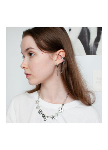 Серебряная серьга кафа с двумя крестиками с цепью для подростка клипса классический панк азиатский стиль с крестами гранж casual No Brand (356676331)