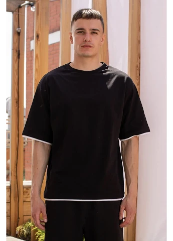 Черная футболка мужская оверсайз с белыми вставками black Taboo clothing company