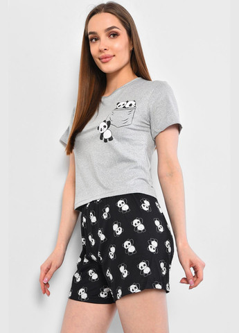 Сіра всесезон жіноча піжама сірого кольору з принтом футболка + шорти Let's Shop