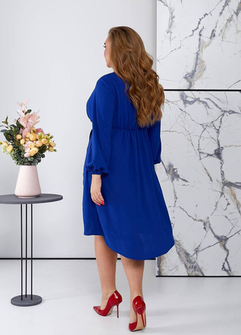 Синее праздничный, коктейльное легкое нарядное платье с рукавом и высокой талией на запах Modena однотонное