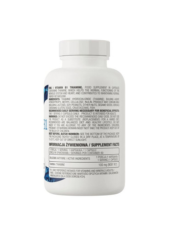 Витамин В1 Vitamin B1 Thiamine, 60 капсул для поддержки нервной системы и мозга. Ostrovit (322209740)