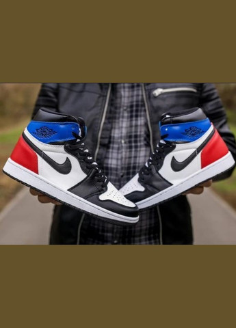 Цветные демисезонные кроссовки air jordan высокие белые с черным красным и синим Nike --5366