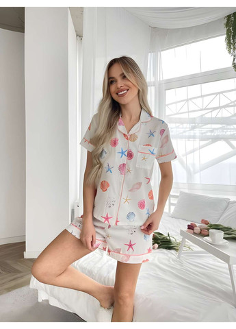 Молочная женская летняя пижама рубашка с коротким рукавом и шортики софт No Brand