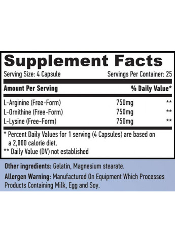 Аргінін, орнітін та лізин L-Arginine L-Ornithine L-Lysine 100 caps Haya Labs (293508840)
