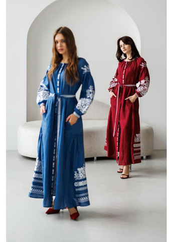 Бордовая платье-вышиванка женское из льняного полотна (fm2925) Folk Moda (366873379)