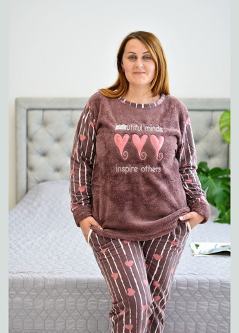 Кавова зимня батал тепла жіноча піжама фліс + махра (великі розміри) сердечка, коричнева кофта + брюки SNS