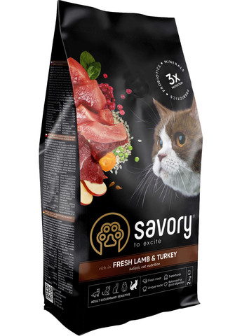Сухой корм для кошек с чувствительным пищеварением со свежим мясом ягненка и индейки 2 кг (4820232630082) Savory (279571943)