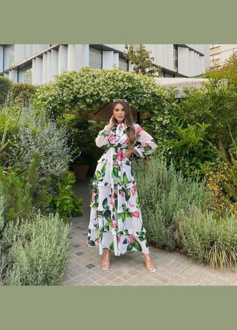 Білий повсякденний, коктейльна, вечірня сукня жіноча довга білого кольору з пишною спідницею No Brand з квітковим принтом