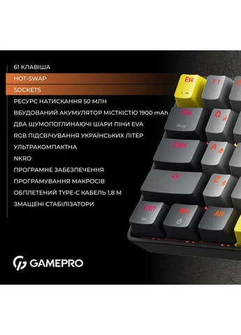 Клавиатура игровая механическая GPMK-130R Pro Black Hot-Swap Outemu Red Swich RGB 2.4G/Bluetooth/USB GAMEPRO (382950446)