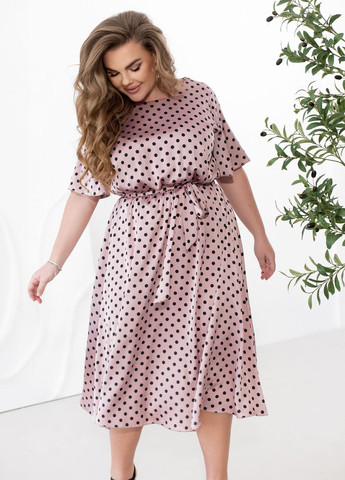 Розово-лиловое праздничный, коктейльное, вечернее шелковое платье в горошек с поясом колокол, а-силуэт No Brand в горошек