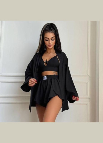 Чорна всесезон жіночий комплект домашній (шорти + топ + халат) чорний Ghazel