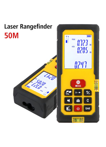 Лазерный дальномер 50 м с точным измерением расстояния площади и объема на батарейках жёлтый No Brand (335379122)