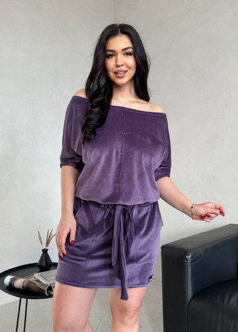 Фіолетова повсякденний стильна велюрова сукня з відкритими плечима No Brand однотонна