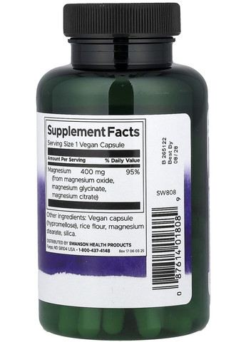 Комплекс с тройным магнием, 400 мг, 100 капсул,. Swanson (372467447)