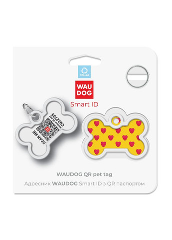 Адресник для собак и котов металлический Smart ID c QR паспортом, рисунок "Сердца", кость, Д 40 мм, Ш 28 мм WAUDOG (330245138)