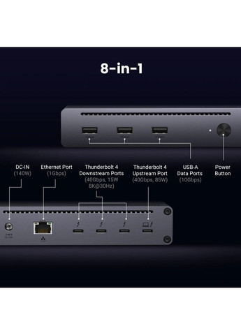 Док-станція Thunderbolt 4 --> 3xTh.4/3xUSBA 3.2/RJ45 Gigabit/140W ARevodok Max 8-in-1 U708 Ugreen (372625606)