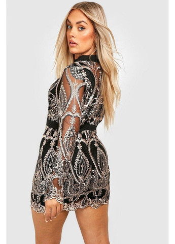 Черное коктейльное платье Boohoo с рисунком