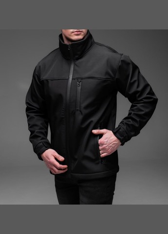 Черная демисезонная куртка на флисе без капюшона softshell Vakko
